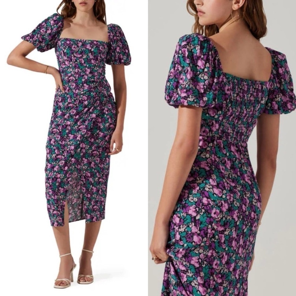 New! ASTR the Label Puff Sleeve Front Slit Midi Dress Teal Purple 45280